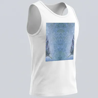 Watercolor depiction of peacock feathers in blue, green, and purple — printed on a tank top
