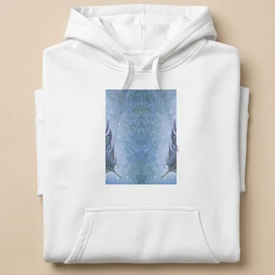 Watercolor depiction of peacock feathers in blue, green, and purple — printed on a unisex hoodie