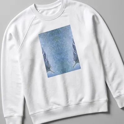 Watercolor depiction of peacock feathers in blue, green, and purple — printed on a unisex sweatshirt