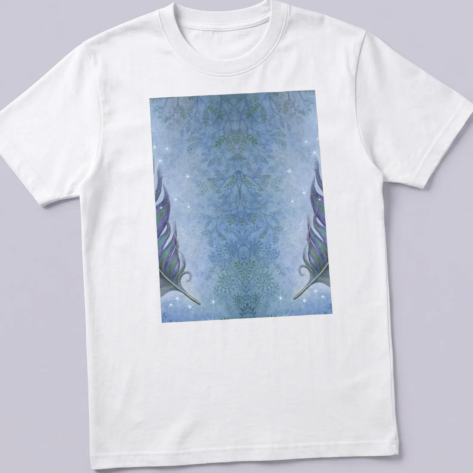 Watercolor depiction of peacock feathers in blue, green, and purple — printed on a unisex t-shirt