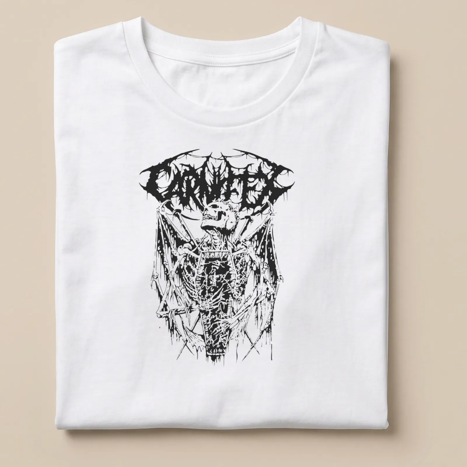 Gothic t-shirt featuring a skeleton in a coffin with CARNIFEX text — printed on a unisex t-shirt