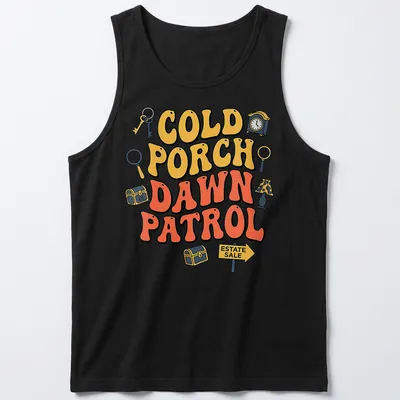 Playful design featuring estate sale items with bold lettering in yellow and orange — printed on a tank top