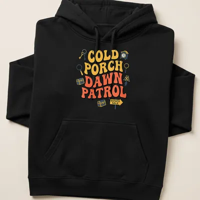 Playful design featuring estate sale items with bold lettering in yellow and orange — printed on a unisex hoodie