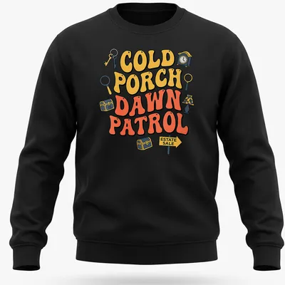 Playful design featuring estate sale items with bold lettering in yellow and orange — printed on a unisex sweatshirt