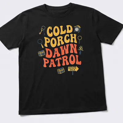 Playful design featuring estate sale items with bold lettering in yellow and orange