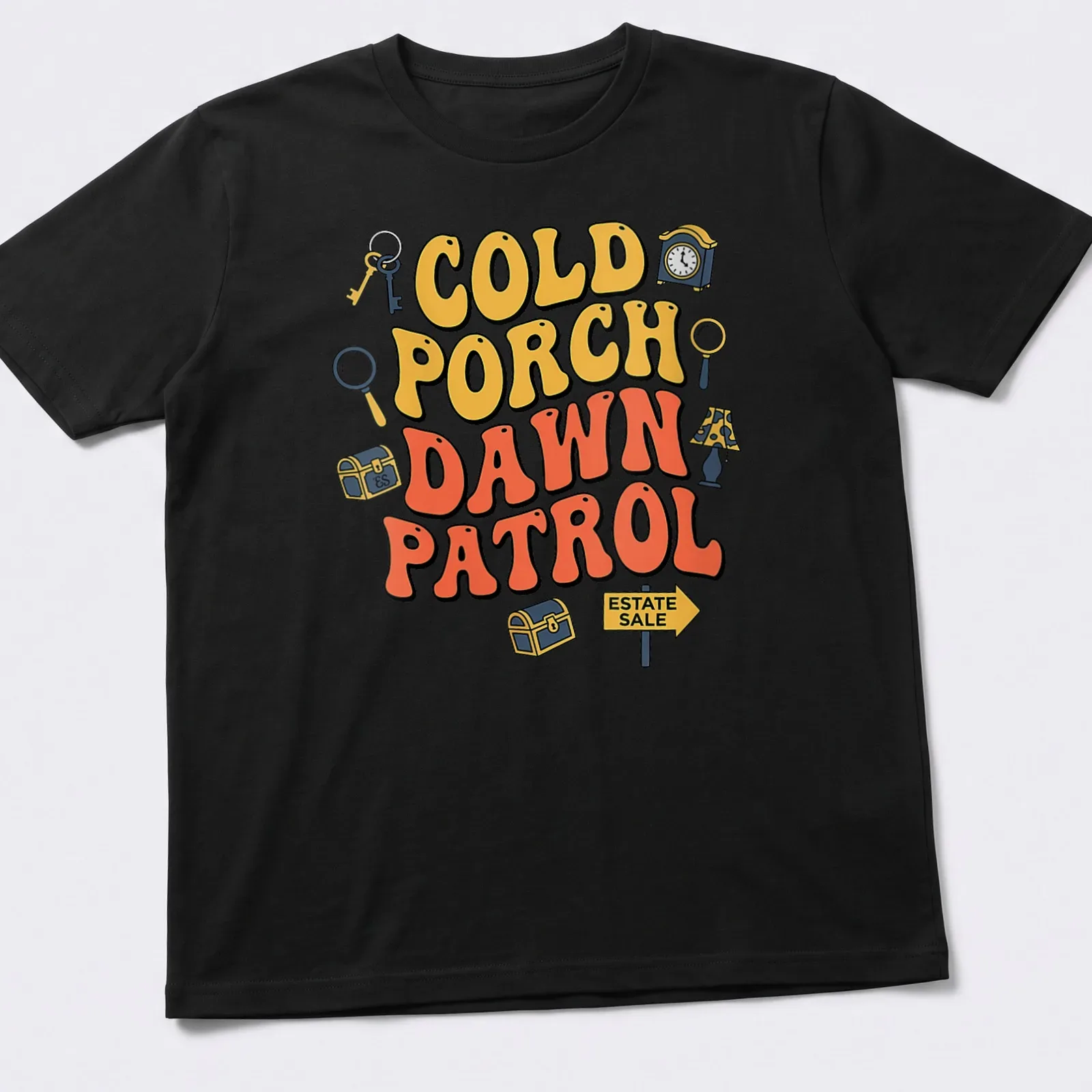 Playful design featuring estate sale items with bold lettering in yellow and orange — printed on a unisex t-shirt