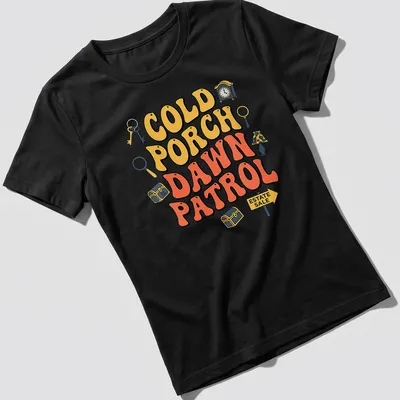Playful design featuring estate sale items with bold lettering in yellow and orange — printed on a women's shirt
