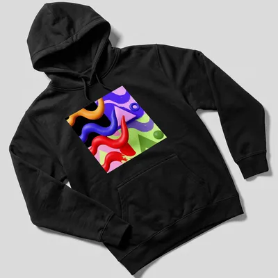 Modern abstract T-shirt featuring colorful geometric shapes in various hues. — printed on a unisex hoodie