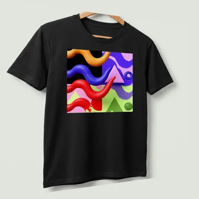 Modern abstract T-shirt featuring colorful geometric shapes in various hues. — printed on a unisex t-shirt (angled view)