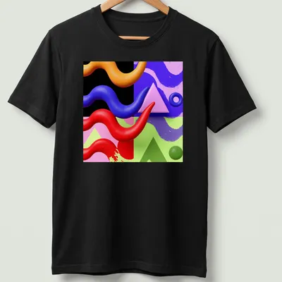 Modern abstract T-shirt featuring colorful geometric shapes in various hues. — printed on a unisex t-shirt