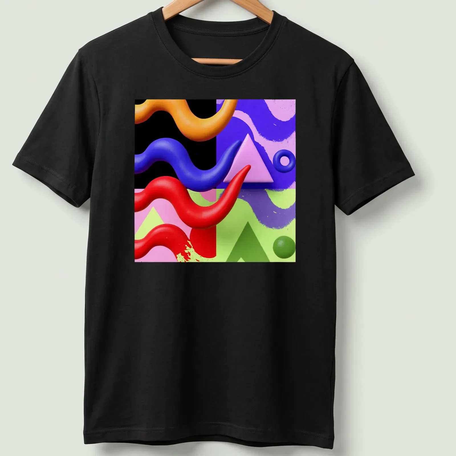 Modern abstract T-shirt featuring colorful geometric shapes in various hues. — printed on a unisex t-shirt