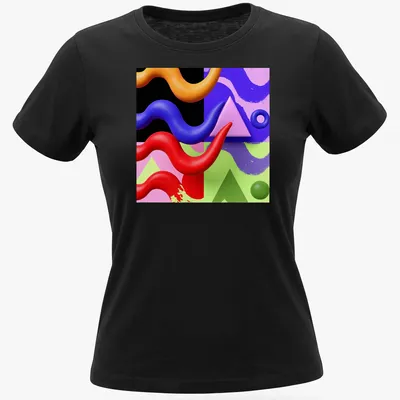 Modern abstract T-shirt featuring colorful geometric shapes in various hues. — printed on a women's shirt
