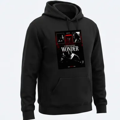 Gothic T-shirt with vintage horror design featuring vampires and ornate lettering. — printed on a unisex hoodie