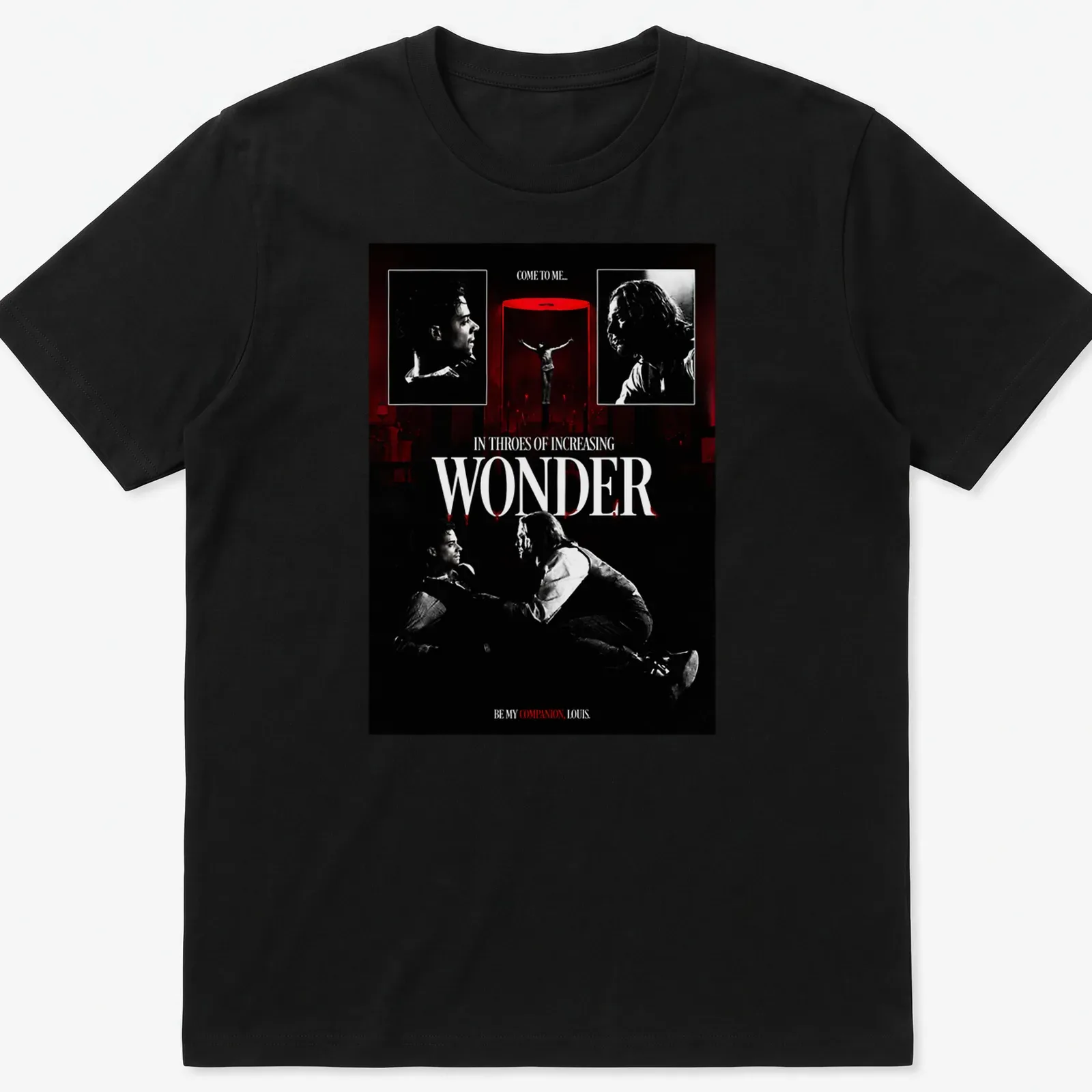 Gothic T-shirt with vintage horror design featuring vampires and ornate lettering. — printed on a unisex t-shirt