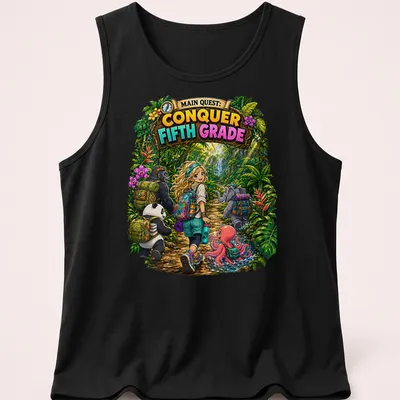 Colorful cartoon jungle scene featuring a girl with animals and text about conquering fifth grade — printed on a tank top