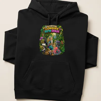Colorful cartoon jungle scene featuring a girl with animals and text about conquering fifth grade — printed on a unisex hoodie