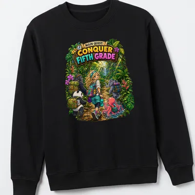 Colorful cartoon jungle scene featuring a girl with animals and text about conquering fifth grade — printed on a unisex sweatshirt