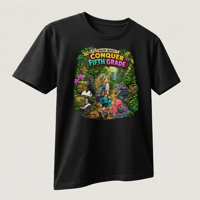 Colorful cartoon jungle scene featuring a girl with animals and text about conquering fifth grade — printed on a unisex t-shirt (angled view)