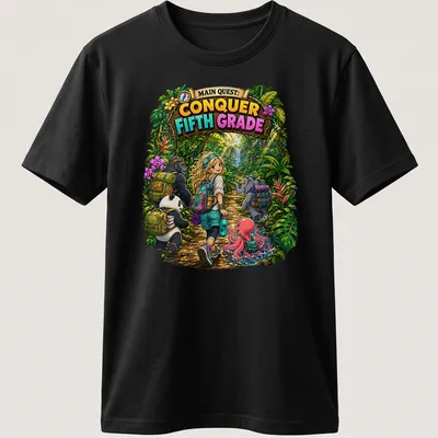 Colorful cartoon jungle scene featuring a girl with animals and text about conquering fifth grade — printed on a unisex t-shirt