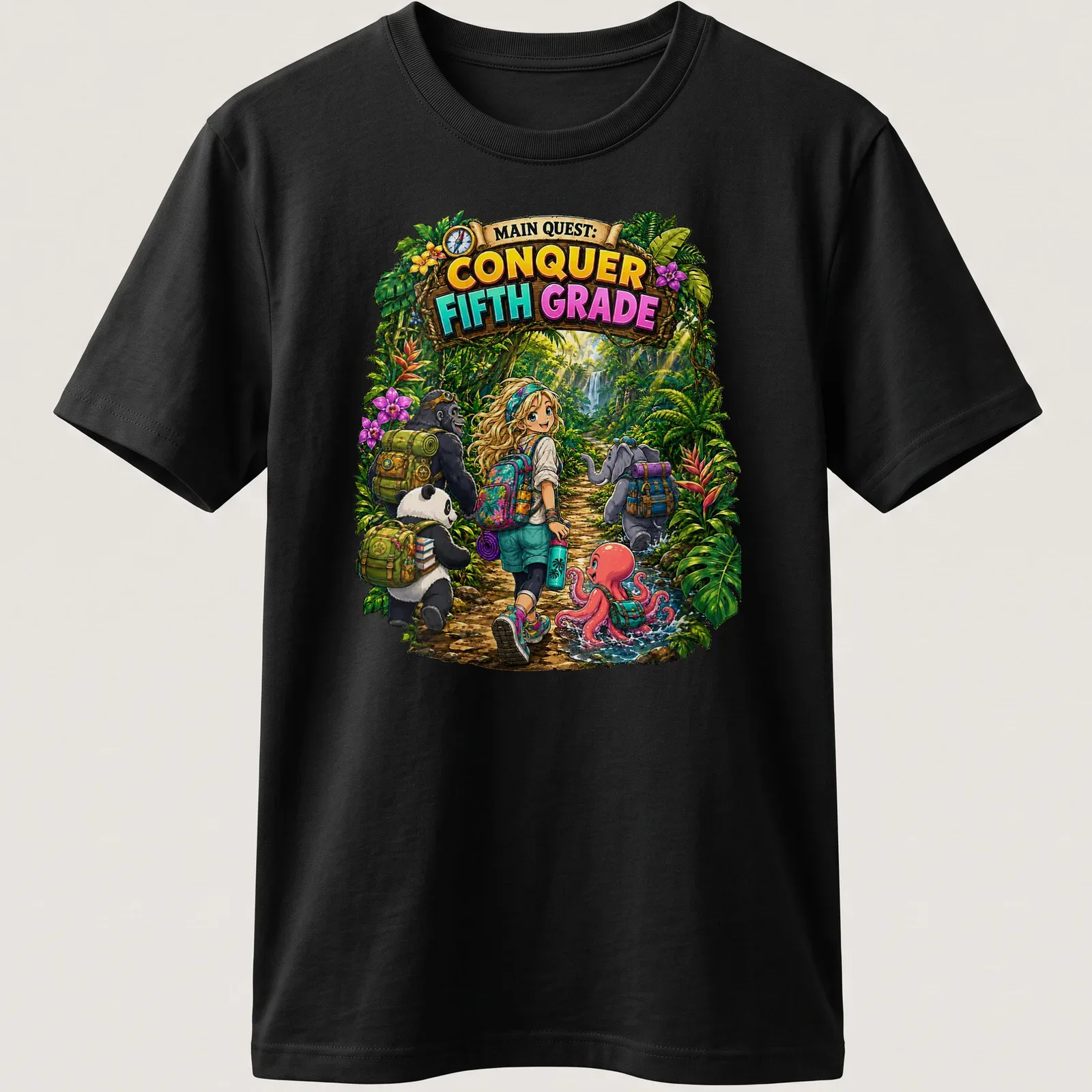 Colorful cartoon jungle scene featuring a girl with animals and text about conquering fifth grade — printed on a unisex t-shirt