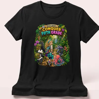 Colorful cartoon jungle scene featuring a girl with animals and text about conquering fifth grade — printed on a women's shirt