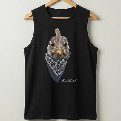 Realistic chicken wearing a paisley bandana in gray, black, white, and orange — printed on a tank top