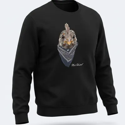Realistic chicken wearing a paisley bandana in gray, black, white, and orange — printed on a unisex sweatshirt