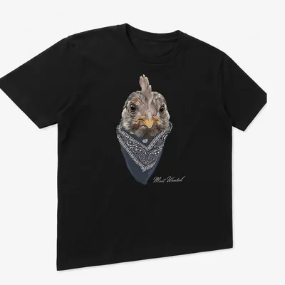 Realistic chicken wearing a paisley bandana in gray, black, white, and orange — printed on a unisex t-shirt (angled view)