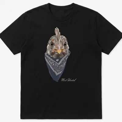Realistic chicken wearing a paisley bandana in gray, black, white, and orange — printed on a unisex t-shirt