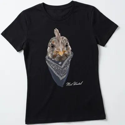 Realistic chicken wearing a paisley bandana in gray, black, white, and orange — printed on a women's shirt