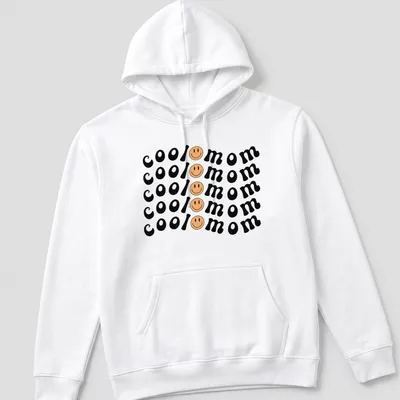 Bold playful Cool Mom T-shirt with smiley face graphic in black, yellow, and peach — printed on a unisex hoodie