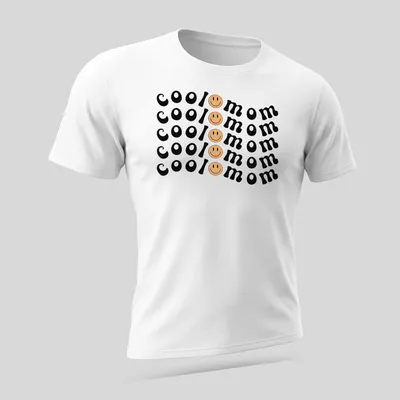 Bold playful Cool Mom T-shirt with smiley face graphic in black, yellow, and peach — printed on a unisex t-shirt (angled view)