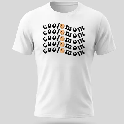 Bold playful Cool Mom T-shirt with smiley face graphic in black, yellow, and peach — printed on a unisex t-shirt