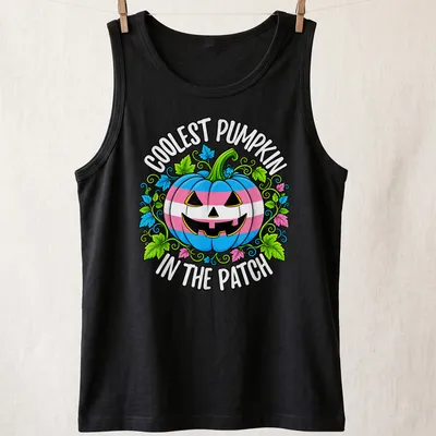 Cartoonish pumpkin design with colorful Trans pride colors and playful text — printed on a tank top