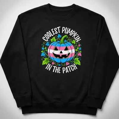 Cartoonish pumpkin design with colorful Trans pride colors and playful text — printed on a unisex sweatshirt