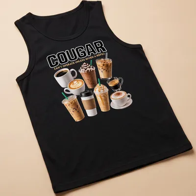 Funny coffee-themed shirt showing various coffee drinks with humorous text. — printed on a tank top