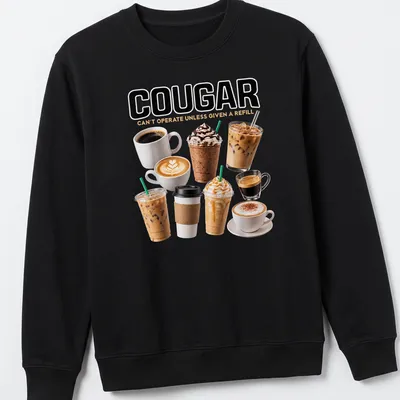 Funny coffee-themed shirt showing various coffee drinks with humorous text. — printed on a unisex sweatshirt