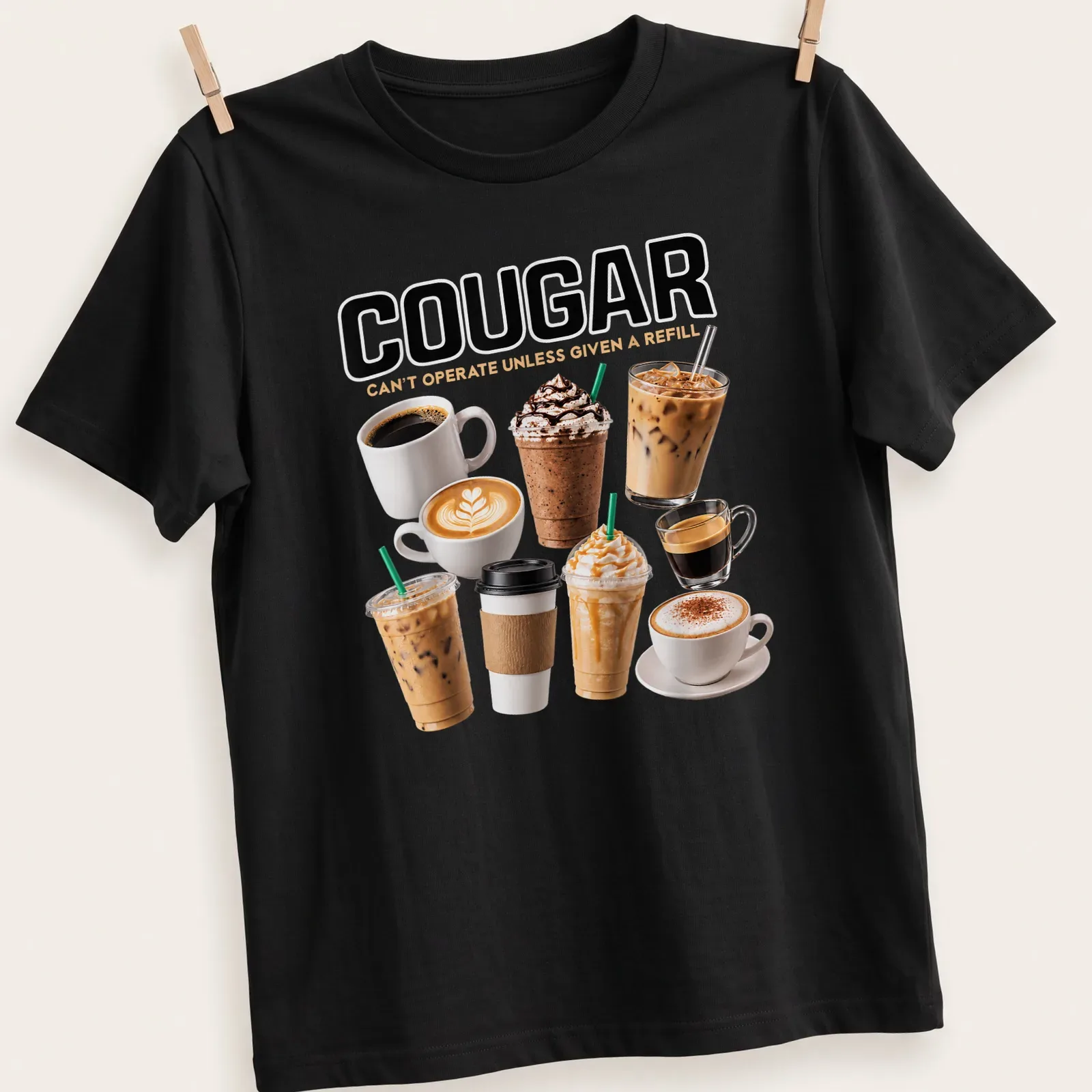 Funny coffee-themed shirt showing various coffee drinks with humorous text. — printed on a unisex t-shirt