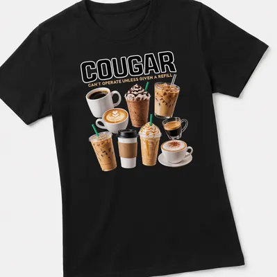 Funny coffee-themed shirt showing various coffee drinks with humorous text. — printed on a women's shirt