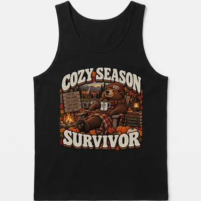 Funny retro fall t-shirt featuring a bear and cozy autumn text — printed on a tank top