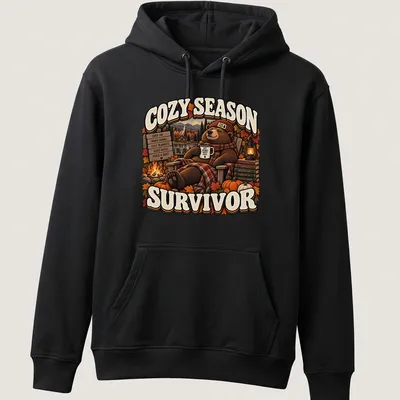 Funny retro fall t-shirt featuring a bear and cozy autumn text — printed on a unisex hoodie