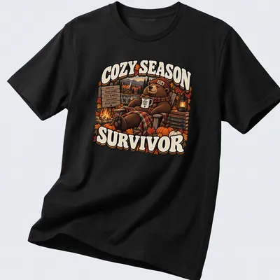 Funny retro fall t-shirt featuring a bear and cozy autumn text — printed on a unisex t-shirt
