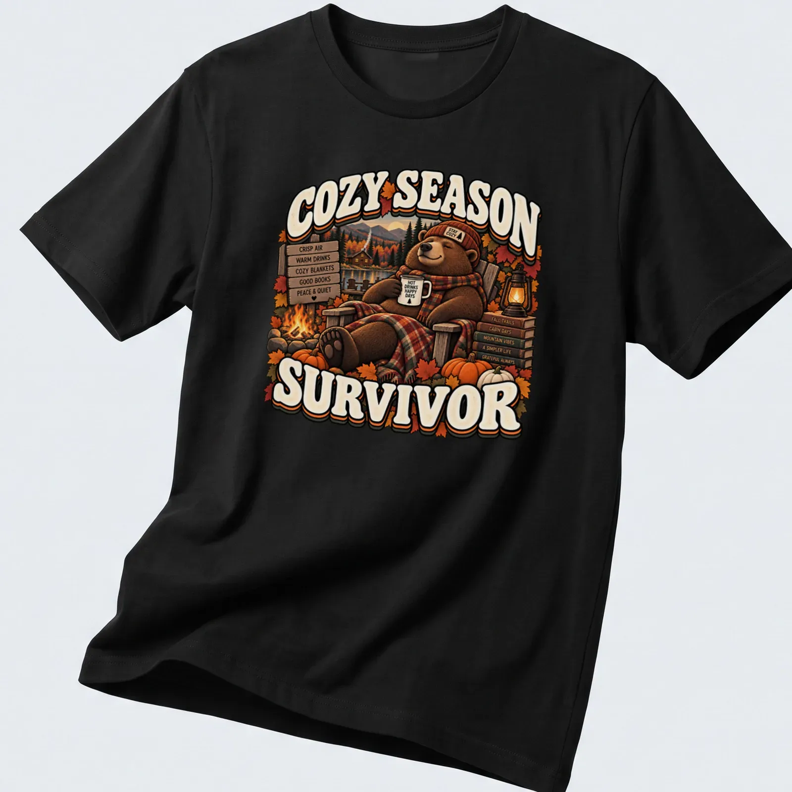 Funny retro fall t-shirt featuring a bear and cozy autumn text — printed on a unisex t-shirt