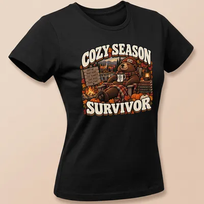 Funny retro fall t-shirt featuring a bear and cozy autumn text — printed on a women's shirt