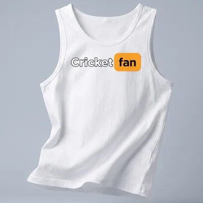 Modern minimalist Cricket Fan t-shirt with bold lettering in black, orange, and white — printed on a tank top