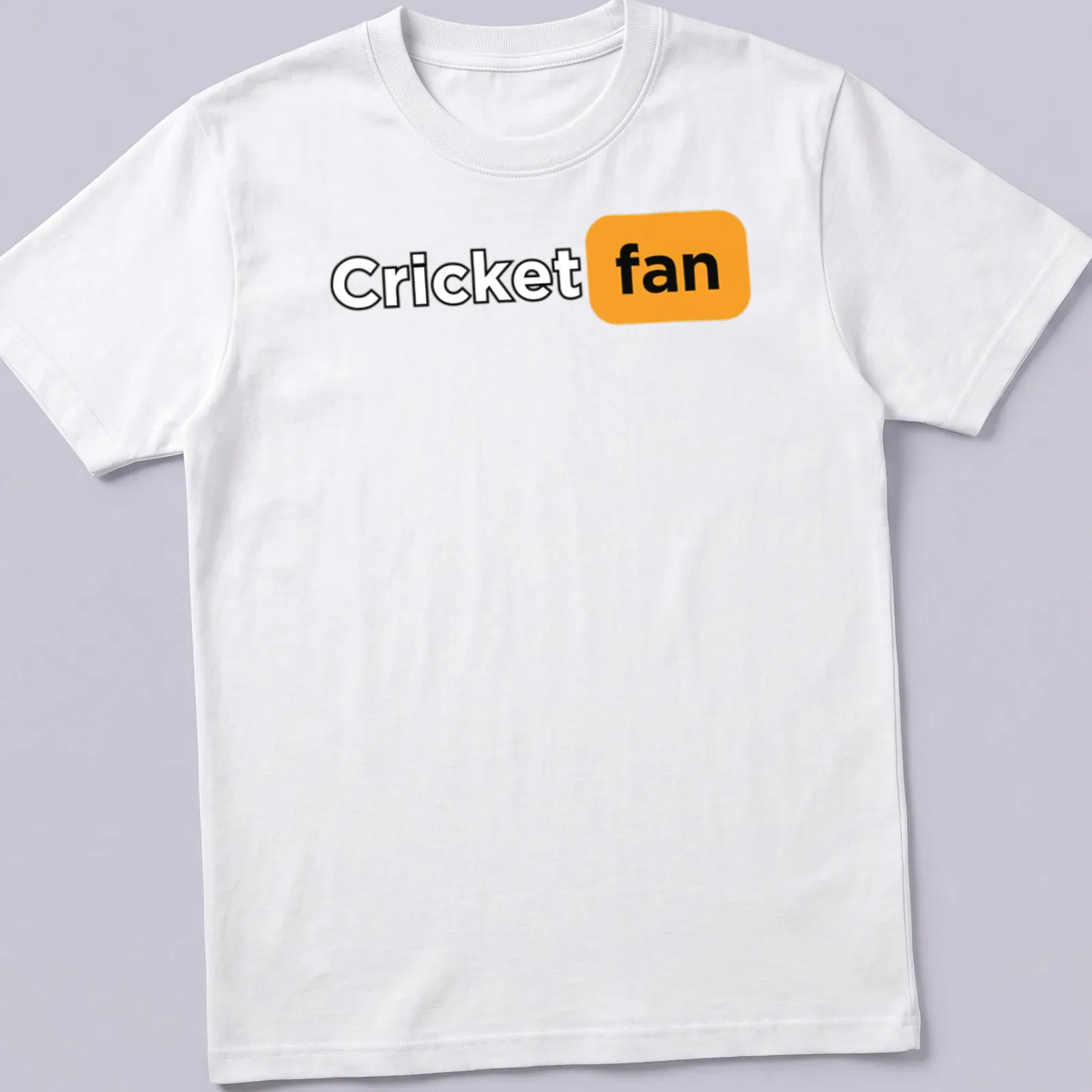 Modern minimalist Cricket Fan t-shirt with bold lettering in black, orange, and white — printed on a unisex t-shirt