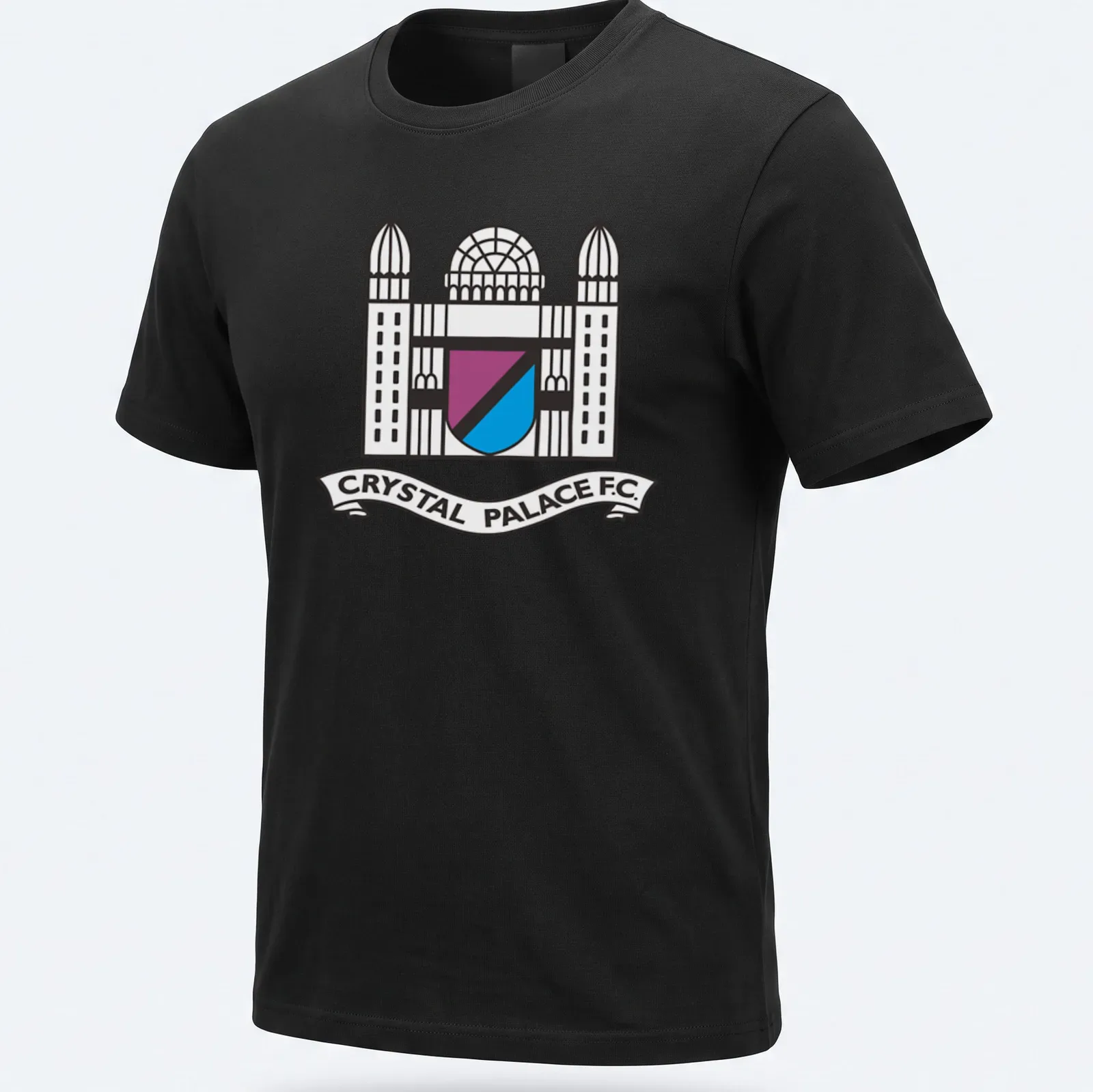 Line-art style Crystal Palace F.C. crest T-shirt in black, blue, purple, and white. — printed on a unisex t-shirt