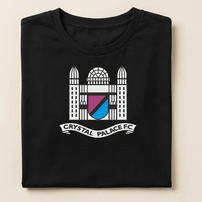 Line-art style Crystal Palace F.C. crest T-shirt in black, blue, purple, and white. — printed on a women's shirt