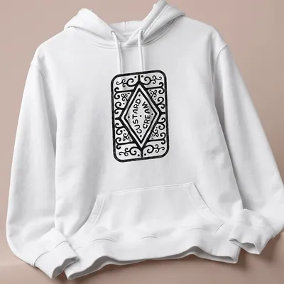 Hand-drawn illustration of a custard cream biscuit with text "CUSTARD CREAM" — printed on a unisex hoodie