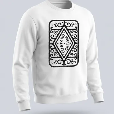 Hand-drawn illustration of a custard cream biscuit with text "CUSTARD CREAM" — printed on a unisex sweatshirt
